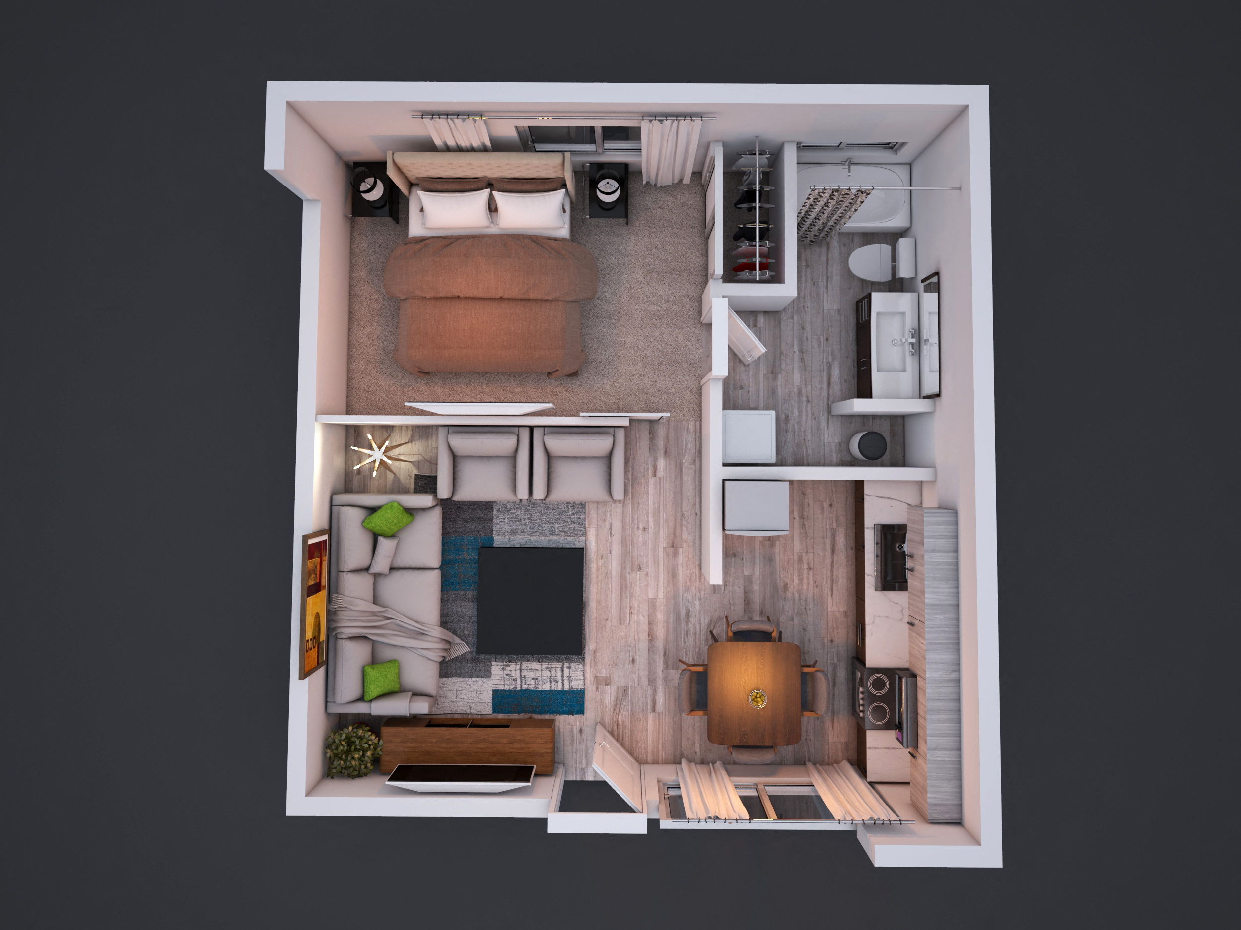 Floor plan for 1 bed, 1 bath, 517 sqft